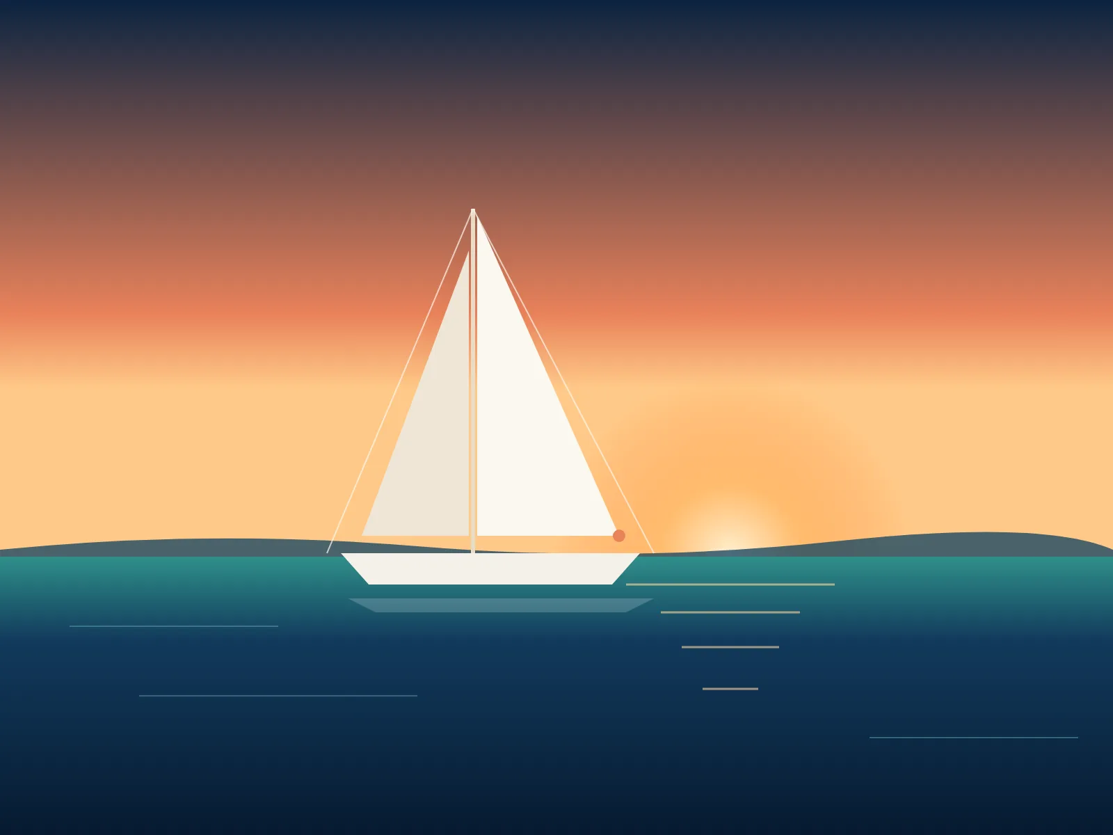 A white sailboat on a calm bay at sunrise